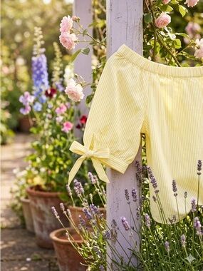 EUC] H&M L.O.G.G. Butter Yellow Off-The-Shoulder Pinstripe Blouse* SZ.6